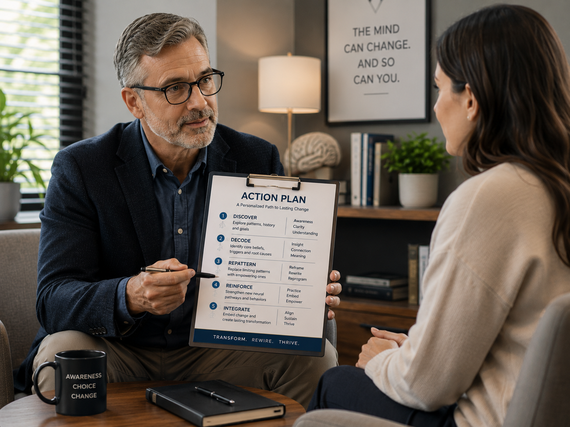 Therapist reviewing a structured treatment plan with a client