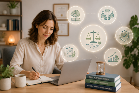 Hypnotherapist reviewing ethical practice guidelines