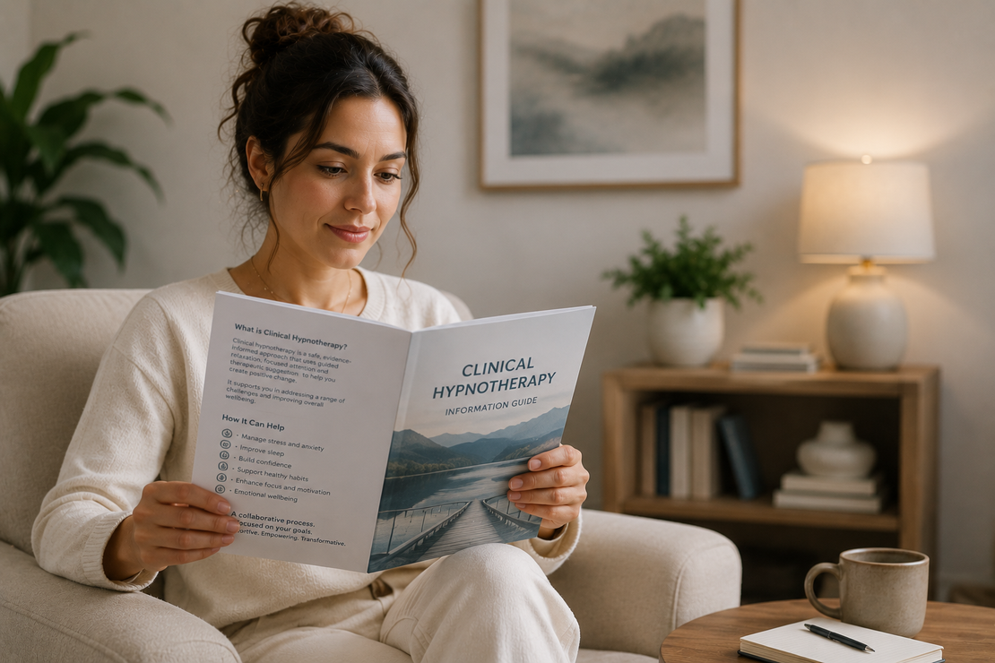 Client reading an information guide about clinical hypnotherapy