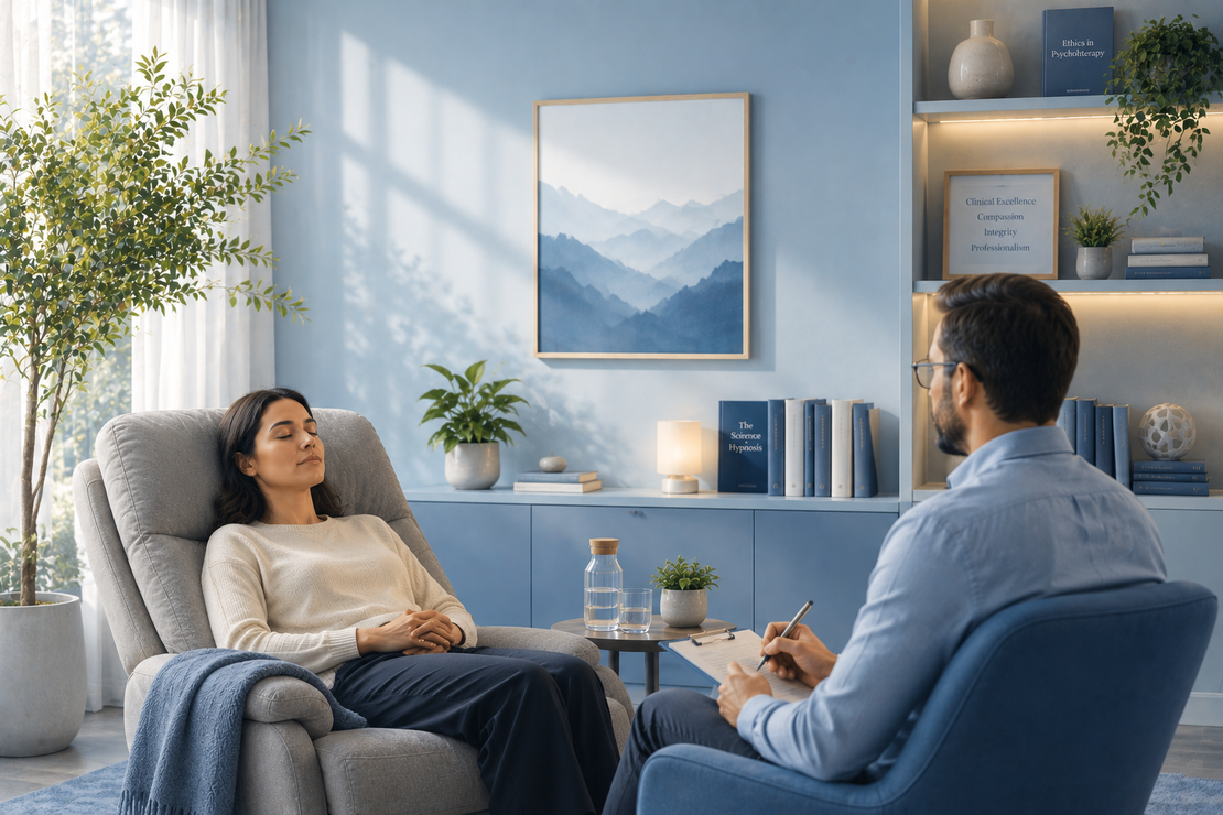 Client in clinical hypnotherapy session representing TSA clinical services