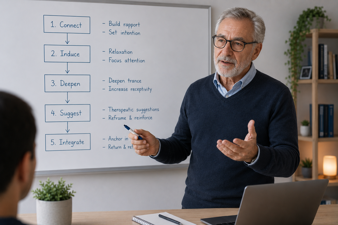 Trainer explaining a structured hypnotherapy framework on a whiteboard
